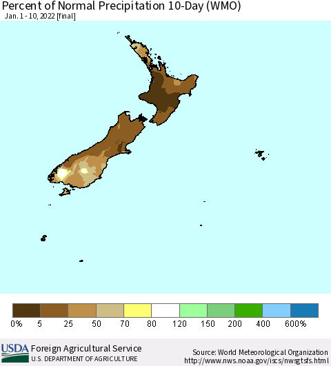 New Zealand Percent of Normal Precipitation 10-Day (WMO) Thematic Map For 1/1/2022 - 1/10/2022