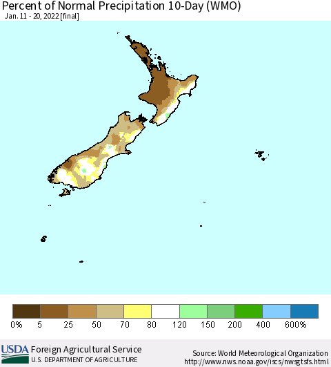 New Zealand Percent of Normal Precipitation 10-Day (WMO) Thematic Map For 1/11/2022 - 1/20/2022