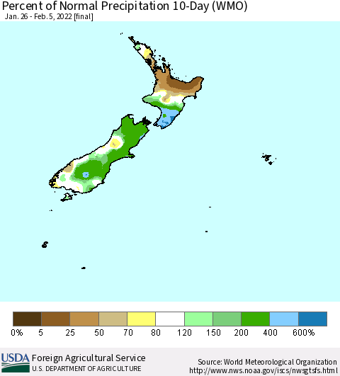 New Zealand Percent of Normal Precipitation 10-Day (WMO) Thematic Map For 1/26/2022 - 2/5/2022