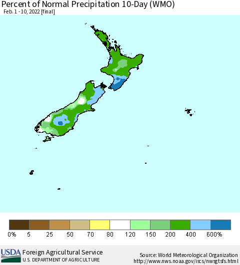 New Zealand Percent of Normal Precipitation 10-Day (WMO) Thematic Map For 2/1/2022 - 2/10/2022