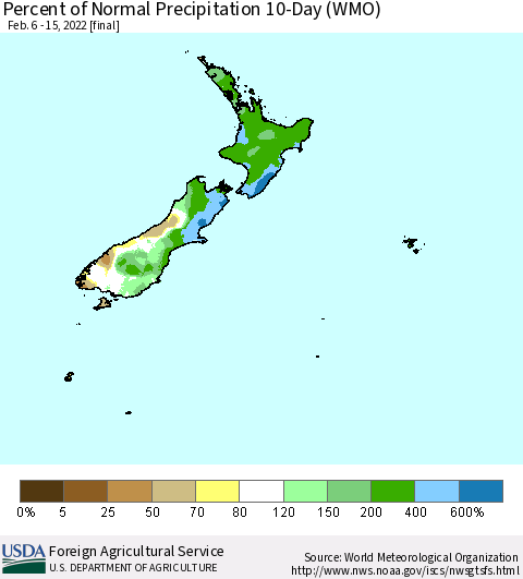 New Zealand Percent of Normal Precipitation 10-Day (WMO) Thematic Map For 2/6/2022 - 2/15/2022