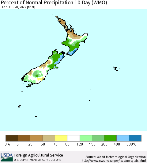New Zealand Percent of Normal Precipitation 10-Day (WMO) Thematic Map For 2/11/2022 - 2/20/2022