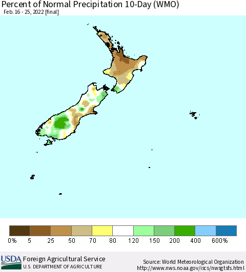 New Zealand Percent of Normal Precipitation 10-Day (WMO) Thematic Map For 2/16/2022 - 2/25/2022