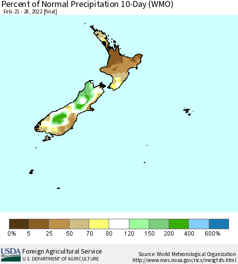 New Zealand Percent of Normal Precipitation 10-Day (WMO) Thematic Map For 2/21/2022 - 2/28/2022