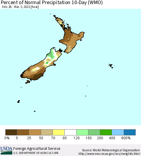 New Zealand Percent of Normal Precipitation 10-Day (WMO) Thematic Map For 2/26/2022 - 3/5/2022