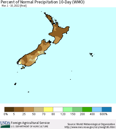 New Zealand Percent of Normal Precipitation 10-Day (WMO) Thematic Map For 3/1/2022 - 3/10/2022