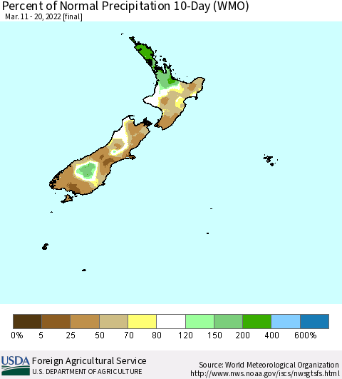 New Zealand Percent of Normal Precipitation 10-Day (WMO) Thematic Map For 3/11/2022 - 3/20/2022
