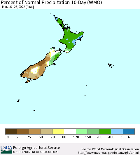 New Zealand Percent of Normal Precipitation 10-Day (WMO) Thematic Map For 3/16/2022 - 3/25/2022