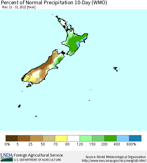 New Zealand Percent of Normal Precipitation 10-Day (WMO) Thematic Map For 3/21/2022 - 3/31/2022