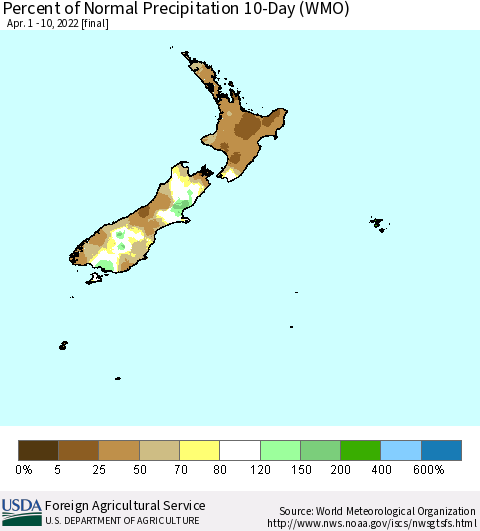 New Zealand Percent of Normal Precipitation 10-Day (WMO) Thematic Map For 4/1/2022 - 4/10/2022