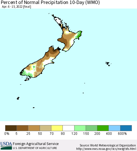 New Zealand Percent of Normal Precipitation 10-Day (WMO) Thematic Map For 4/6/2022 - 4/15/2022