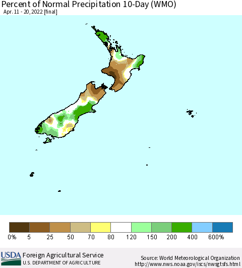 New Zealand Percent of Normal Precipitation 10-Day (WMO) Thematic Map For 4/11/2022 - 4/20/2022