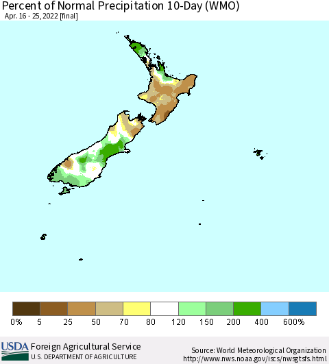 New Zealand Percent of Normal Precipitation 10-Day (WMO) Thematic Map For 4/16/2022 - 4/25/2022
