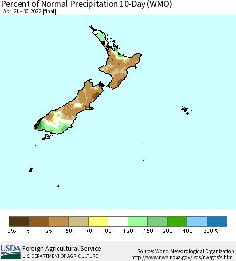 New Zealand Percent of Normal Precipitation 10-Day (WMO) Thematic Map For 4/21/2022 - 4/30/2022