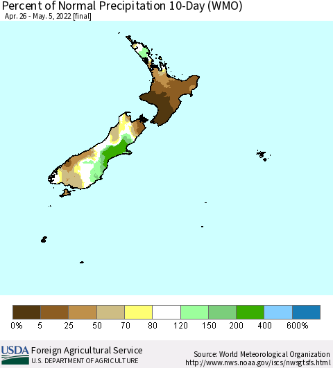 New Zealand Percent of Normal Precipitation 10-Day (WMO) Thematic Map For 4/26/2022 - 5/5/2022