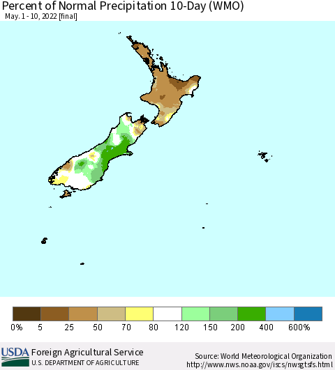 New Zealand Percent of Normal Precipitation 10-Day (WMO) Thematic Map For 5/1/2022 - 5/10/2022