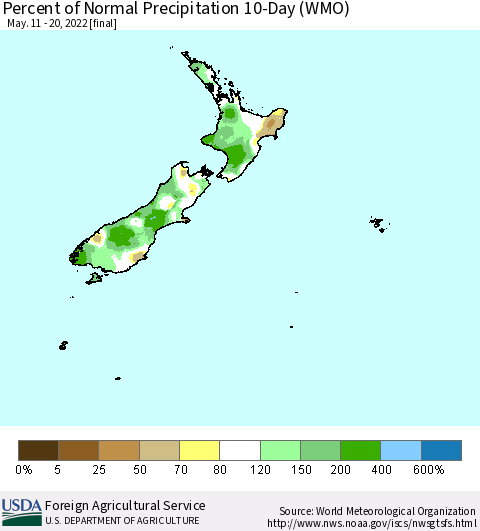 New Zealand Percent of Normal Precipitation 10-Day (WMO) Thematic Map For 5/11/2022 - 5/20/2022