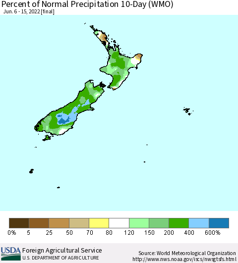 New Zealand Percent of Normal Precipitation 10-Day (WMO) Thematic Map For 6/6/2022 - 6/15/2022