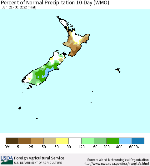 New Zealand Percent of Normal Precipitation 10-Day (WMO) Thematic Map For 6/21/2022 - 6/30/2022