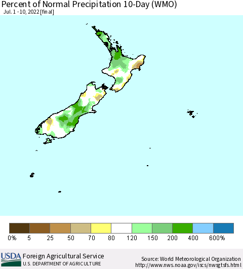 New Zealand Percent of Normal Precipitation 10-Day (WMO) Thematic Map For 7/1/2022 - 7/10/2022