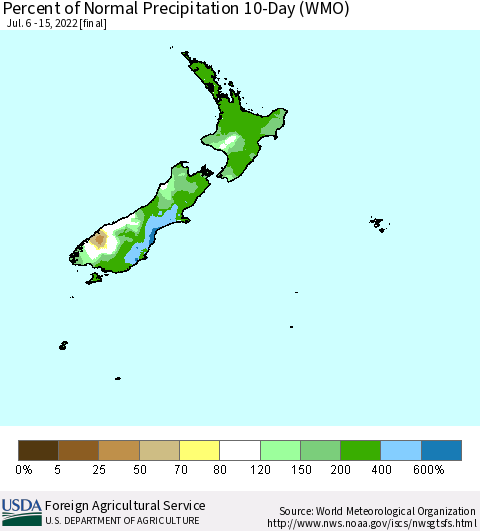 New Zealand Percent of Normal Precipitation 10-Day (WMO) Thematic Map For 7/6/2022 - 7/15/2022