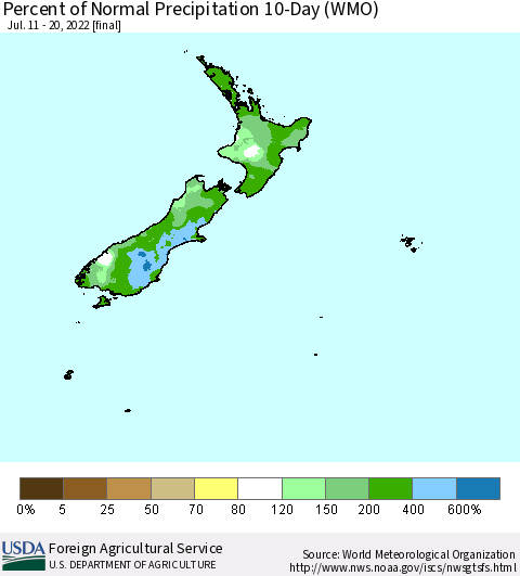 New Zealand Percent of Normal Precipitation 10-Day (WMO) Thematic Map For 7/11/2022 - 7/20/2022