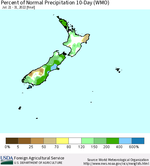 New Zealand Percent of Normal Precipitation 10-Day (WMO) Thematic Map For 7/21/2022 - 7/31/2022