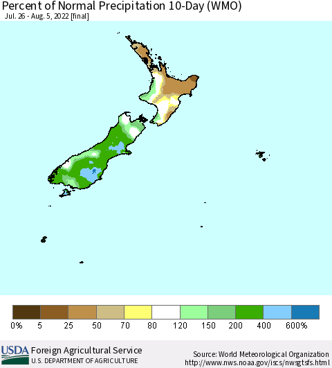 New Zealand Percent of Normal Precipitation 10-Day (WMO) Thematic Map For 7/26/2022 - 8/5/2022