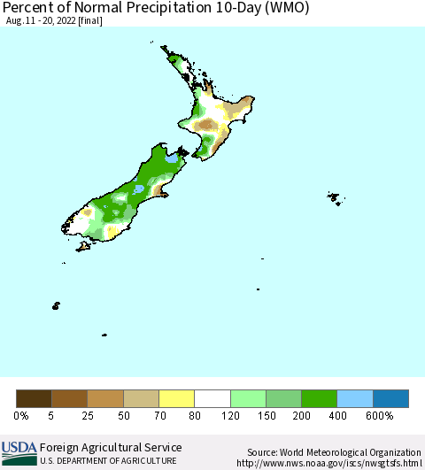 New Zealand Percent of Normal Precipitation 10-Day (WMO) Thematic Map For 8/11/2022 - 8/20/2022