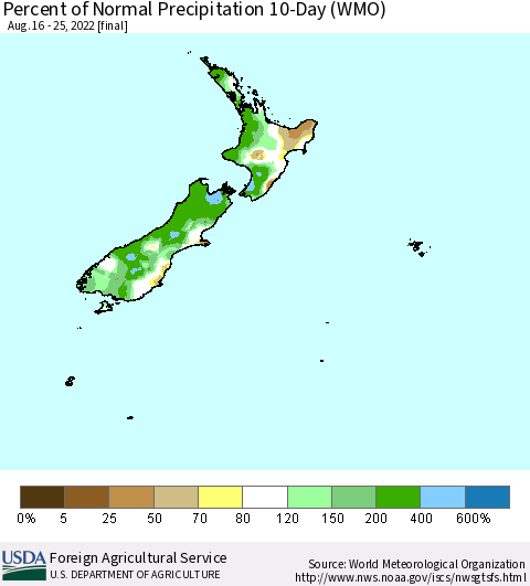 New Zealand Percent of Normal Precipitation 10-Day (WMO) Thematic Map For 8/16/2022 - 8/25/2022