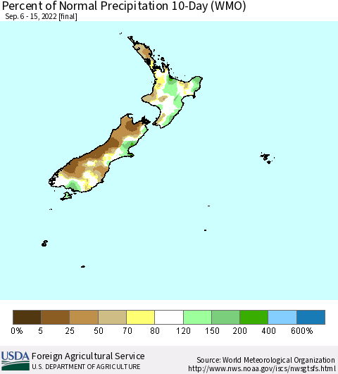 New Zealand Percent of Normal Precipitation 10-Day (WMO) Thematic Map For 9/6/2022 - 9/15/2022