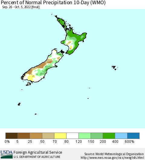 New Zealand Percent of Normal Precipitation 10-Day (WMO) Thematic Map For 9/26/2022 - 10/5/2022