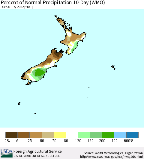 New Zealand Percent of Normal Precipitation 10-Day (WMO) Thematic Map For 10/6/2022 - 10/15/2022