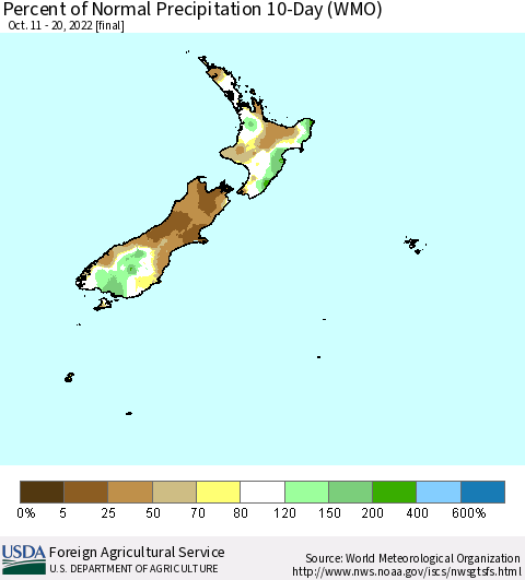 New Zealand Percent of Normal Precipitation 10-Day (WMO) Thematic Map For 10/11/2022 - 10/20/2022