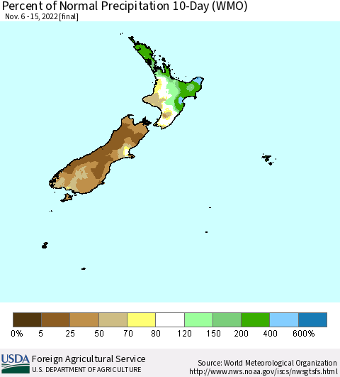 New Zealand Percent of Normal Precipitation 10-Day (WMO) Thematic Map For 11/6/2022 - 11/15/2022