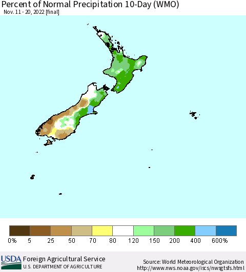 New Zealand Percent of Normal Precipitation 10-Day (WMO) Thematic Map For 11/11/2022 - 11/20/2022