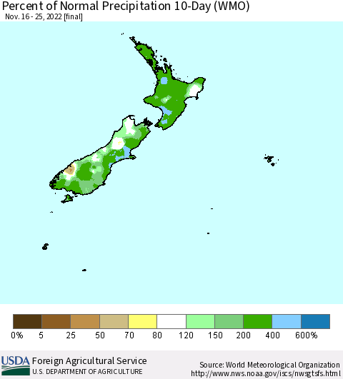 New Zealand Percent of Normal Precipitation 10-Day (WMO) Thematic Map For 11/16/2022 - 11/25/2022