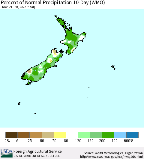 New Zealand Percent of Normal Precipitation 10-Day (WMO) Thematic Map For 11/21/2022 - 11/30/2022