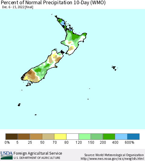 New Zealand Percent of Normal Precipitation 10-Day (WMO) Thematic Map For 12/6/2022 - 12/15/2022