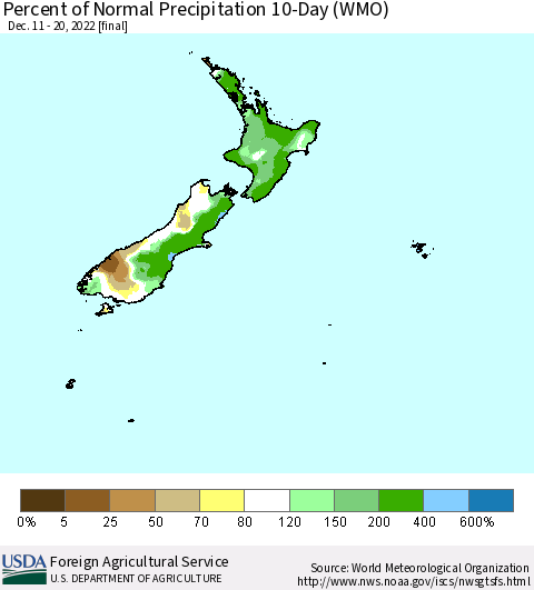 New Zealand Percent of Normal Precipitation 10-Day (WMO) Thematic Map For 12/11/2022 - 12/20/2022