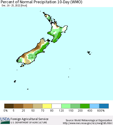 New Zealand Percent of Normal Precipitation 10-Day (WMO) Thematic Map For 12/16/2022 - 12/25/2022