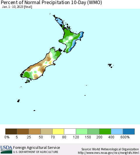 New Zealand Percent of Normal Precipitation 10-Day (WMO) Thematic Map For 1/1/2023 - 1/10/2023