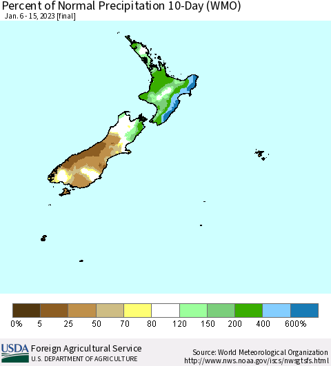 New Zealand Percent of Normal Precipitation 10-Day (WMO) Thematic Map For 1/6/2023 - 1/15/2023
