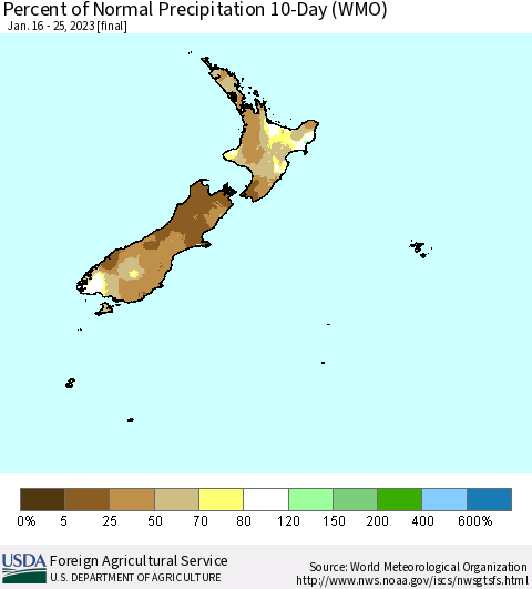 New Zealand Percent of Normal Precipitation 10-Day (WMO) Thematic Map For 1/16/2023 - 1/25/2023
