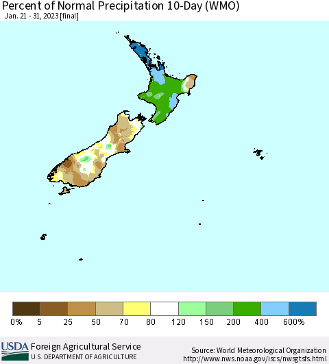 New Zealand Percent of Normal Precipitation 10-Day (WMO) Thematic Map For 1/21/2023 - 1/31/2023