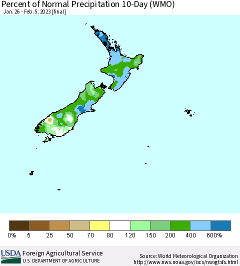 New Zealand Percent of Normal Precipitation 10-Day (WMO) Thematic Map For 1/26/2023 - 2/5/2023