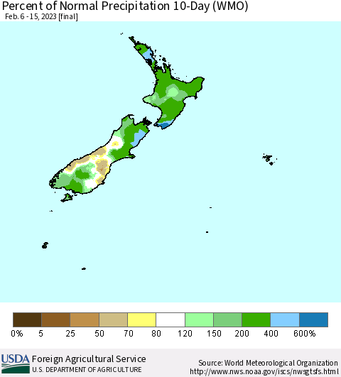 New Zealand Percent of Normal Precipitation 10-Day (WMO) Thematic Map For 2/6/2023 - 2/15/2023