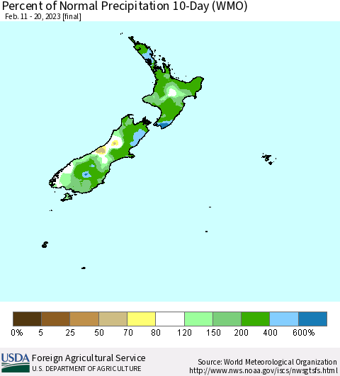 New Zealand Percent of Normal Precipitation 10-Day (WMO) Thematic Map For 2/11/2023 - 2/20/2023