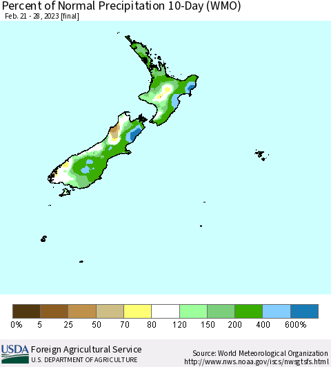 New Zealand Percent of Normal Precipitation 10-Day (WMO) Thematic Map For 2/21/2023 - 2/28/2023