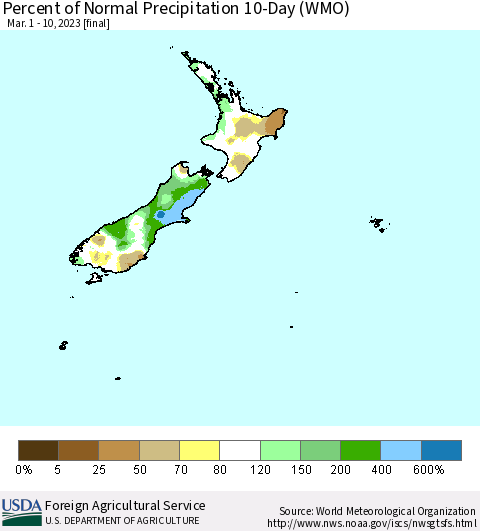 New Zealand Percent of Normal Precipitation 10-Day (WMO) Thematic Map For 3/1/2023 - 3/10/2023